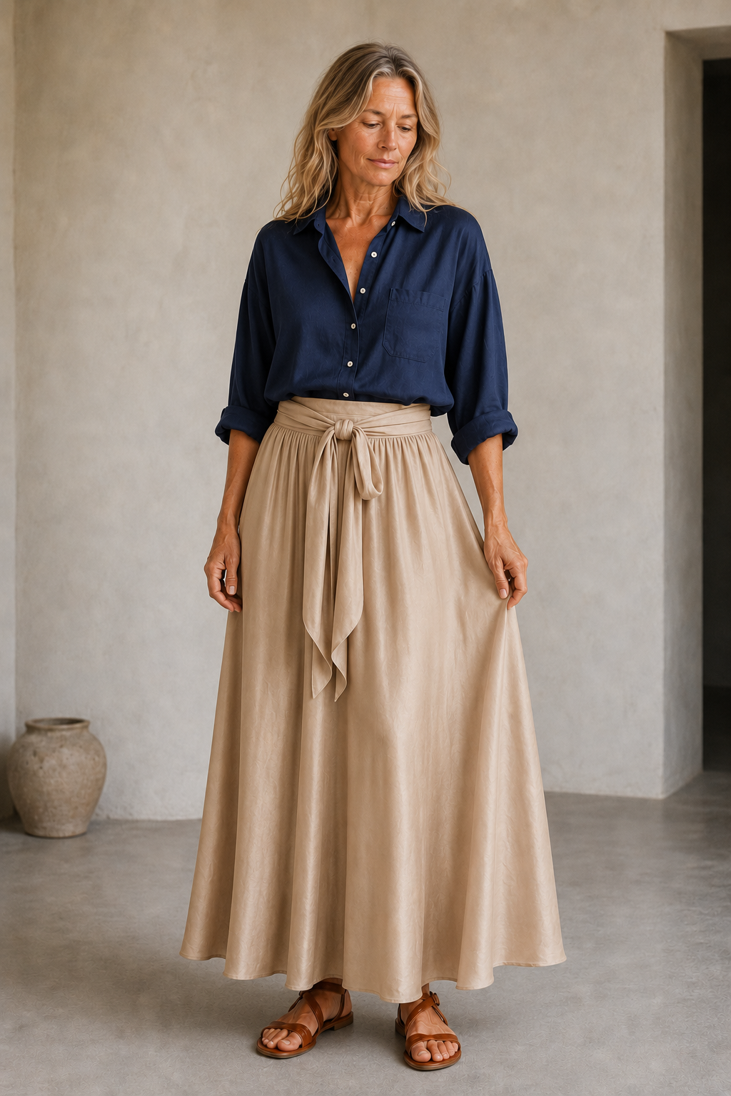 Isabeau | Satin Blouse and Skirt Set - Blue Beige