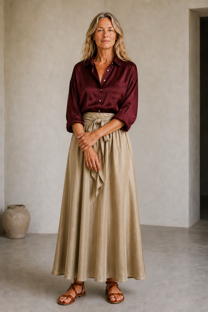 Isabeau | Satin Blouse and Skirt Set - Burgundy Khaki