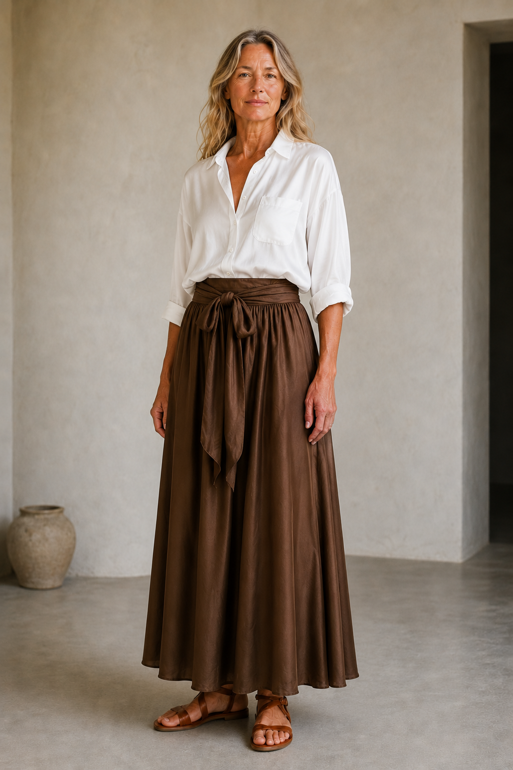 Isabeau | Satin Blouse and Skirt Set - White Brown