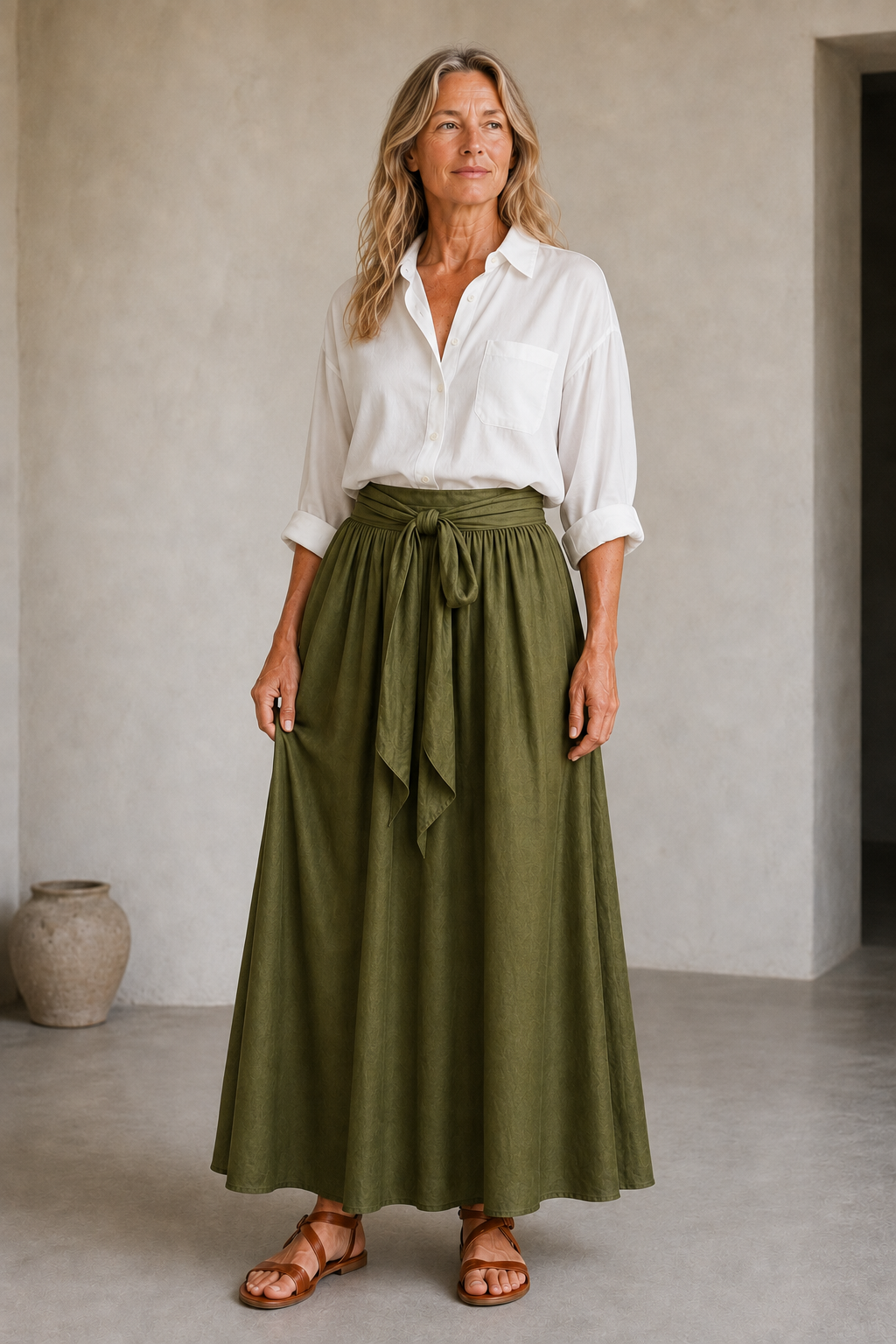 Isabeau | Satin Blouse and Skirt Set - White Green