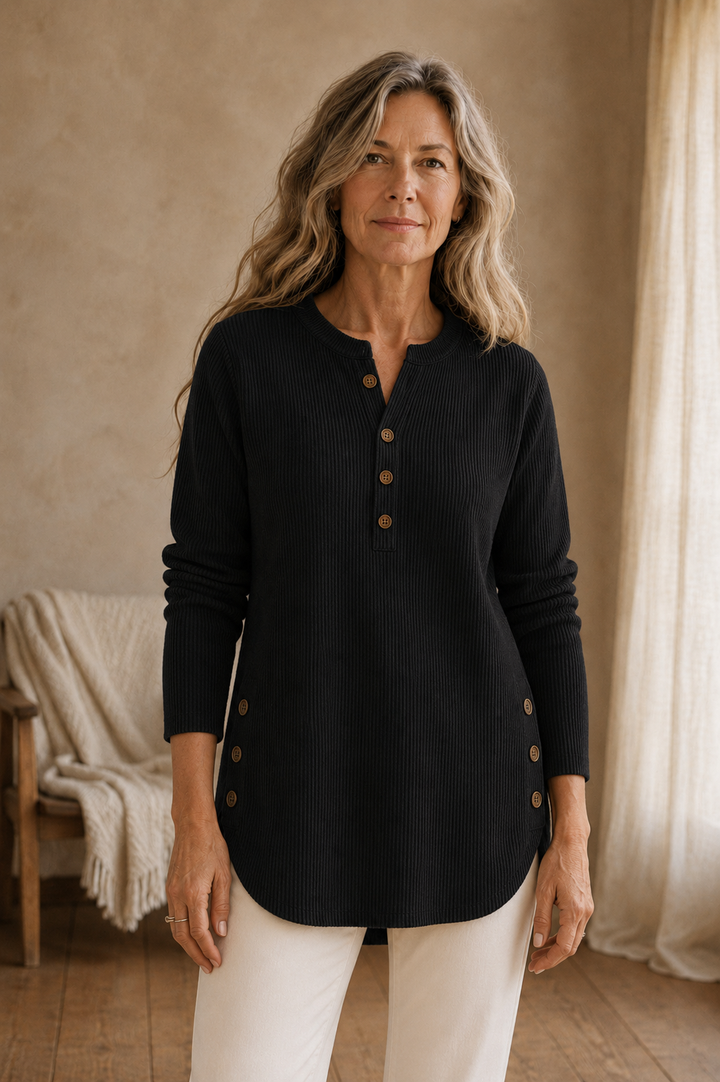 Isadora | Button Placket Knit Tunic - Black front hero