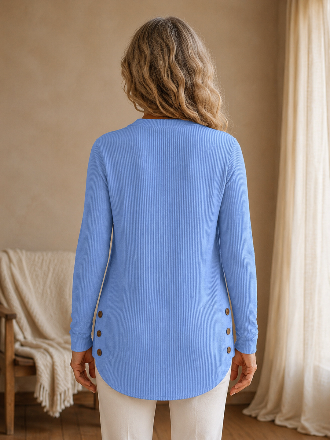 Isadora | Button Placket Knit Tunic - Blue back view