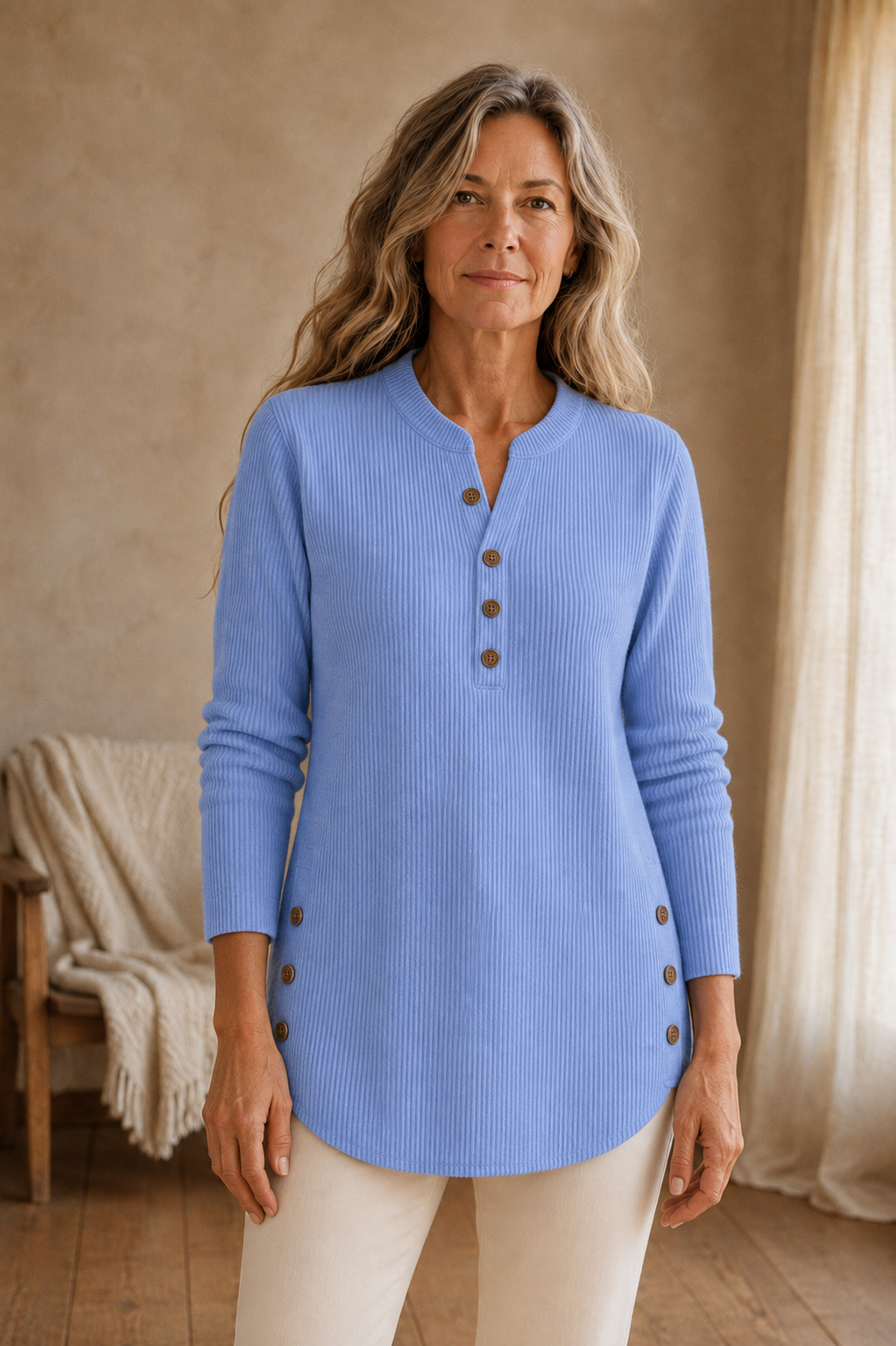 Isadora | Button Placket Knit Tunic - Blue front hero