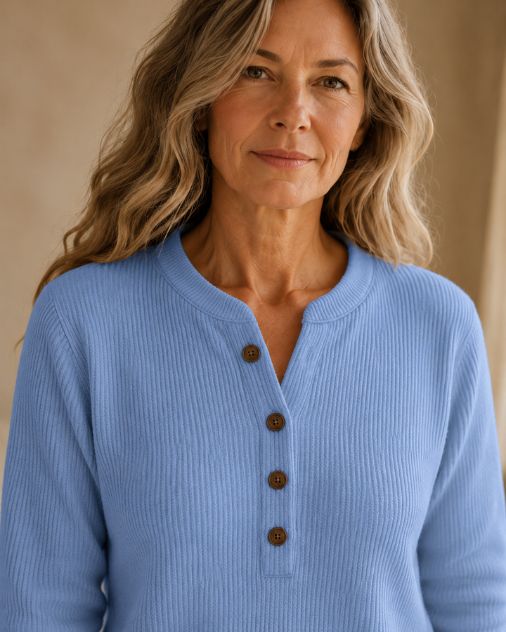 Isadora | Button Placket Knit Tunic - Blue knit detail