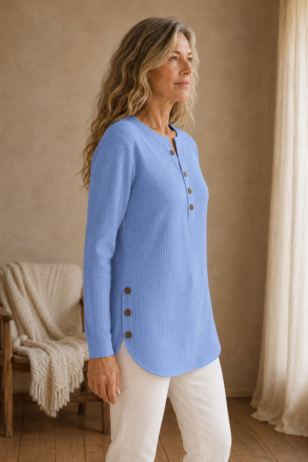 Isadora | Button Placket Knit Tunic - Blue side view