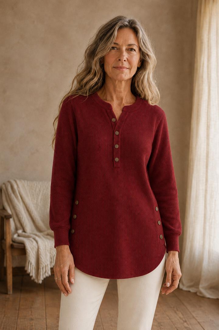 Isadora | Button Placket Knit Tunic - Burgundy front hero