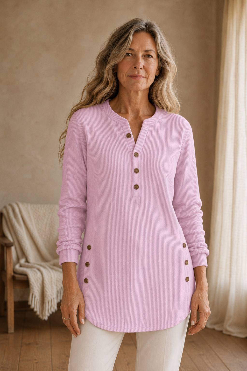 Isadora | Button Placket Knit Tunic - Pink front hero