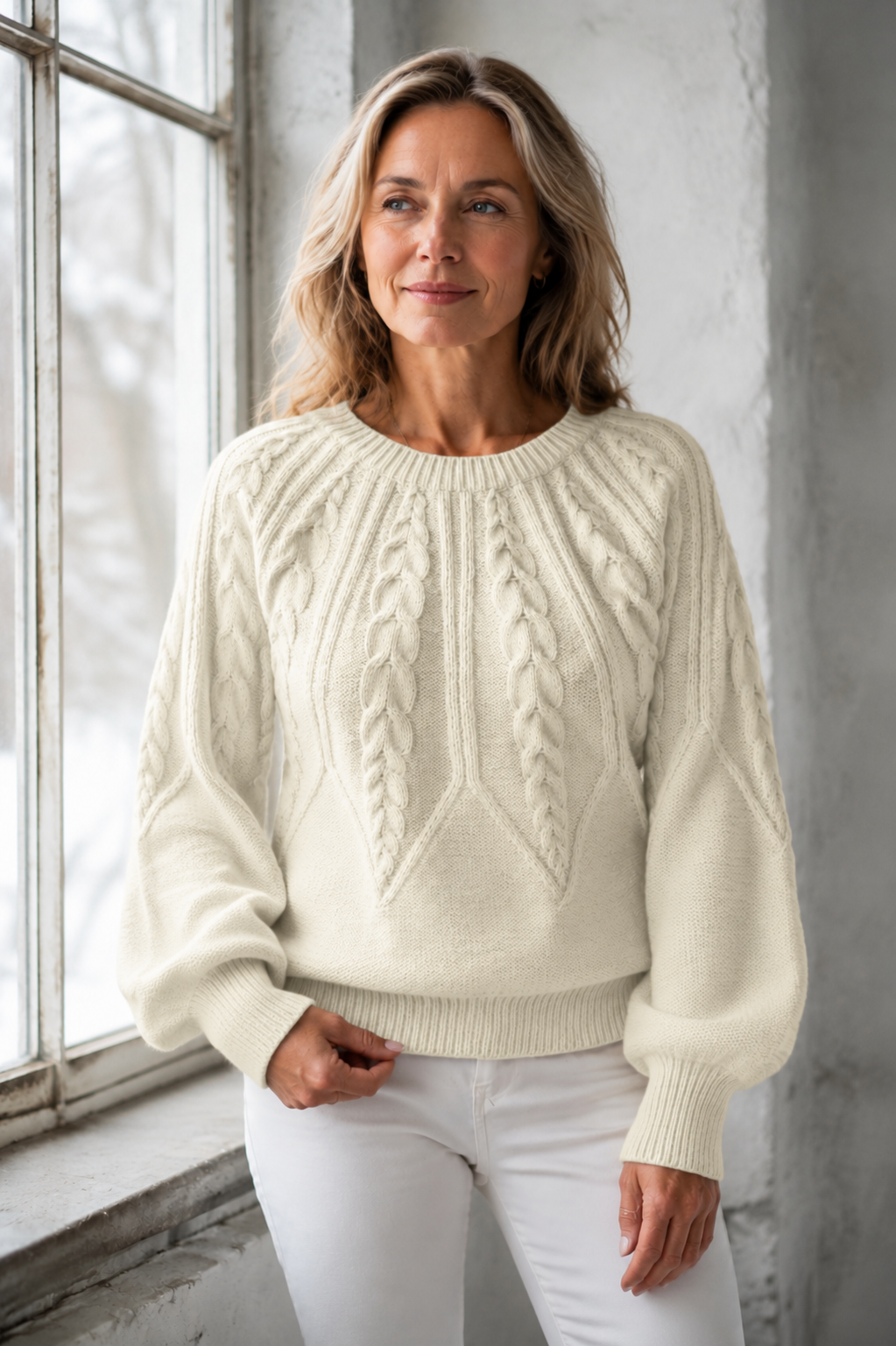 Janet | Chunky Lantern Sleeve Crewneck Sweater - Apricot