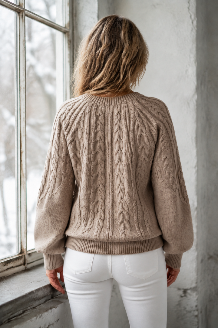 Janet | Chunky Lantern Sleeve Crewneck Sweater - Khaki