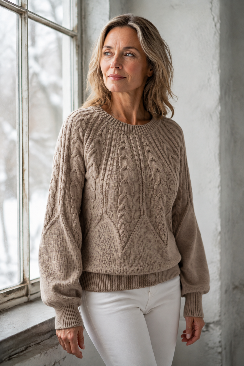 Janet | Chunky Lantern Sleeve Crewneck Sweater - Khaki