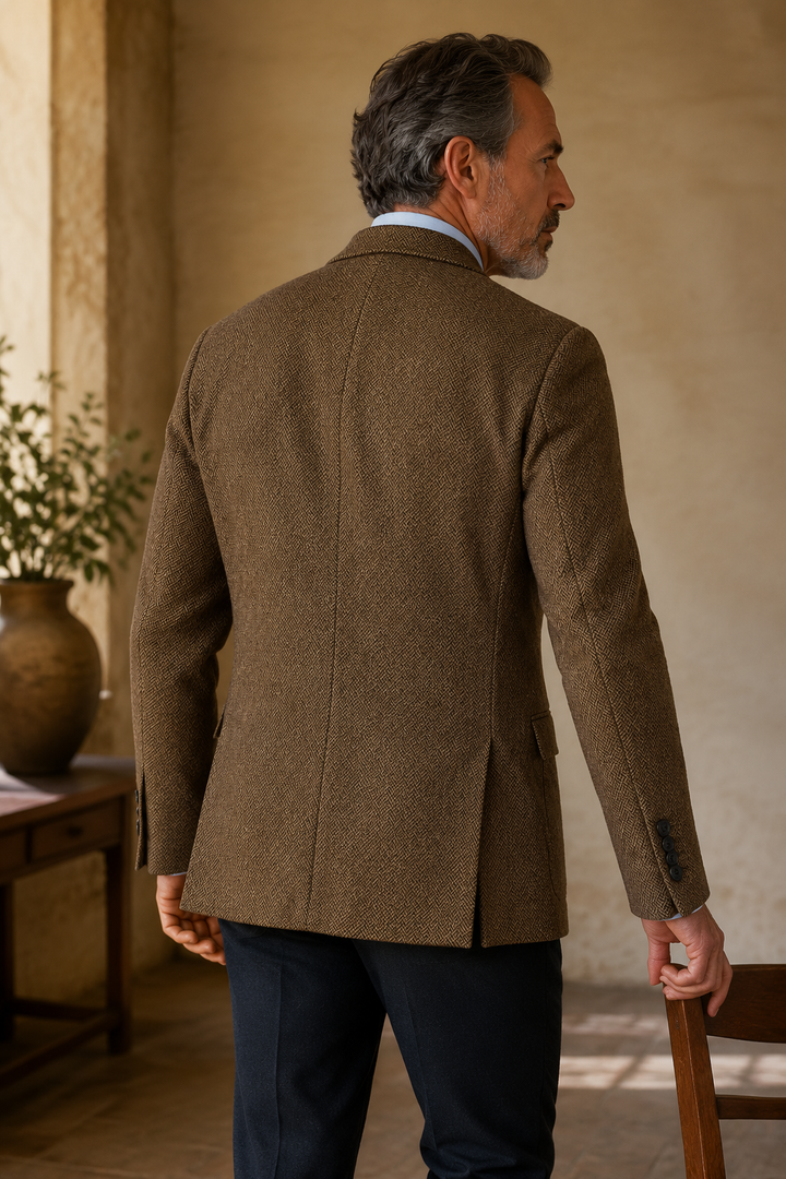 Brown herringbone tweed blazer back view