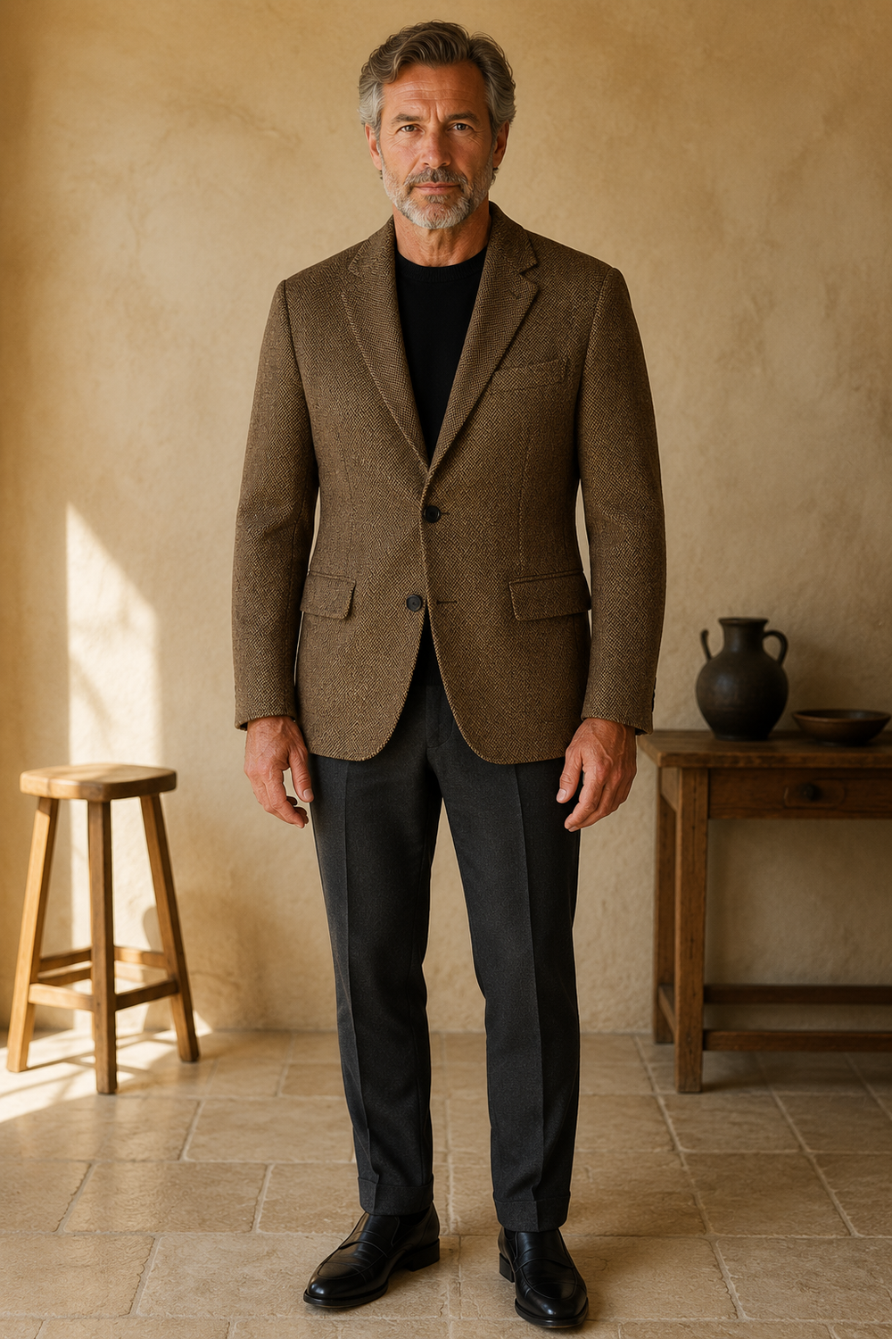 Brown herringbone tweed blazer full-length front
