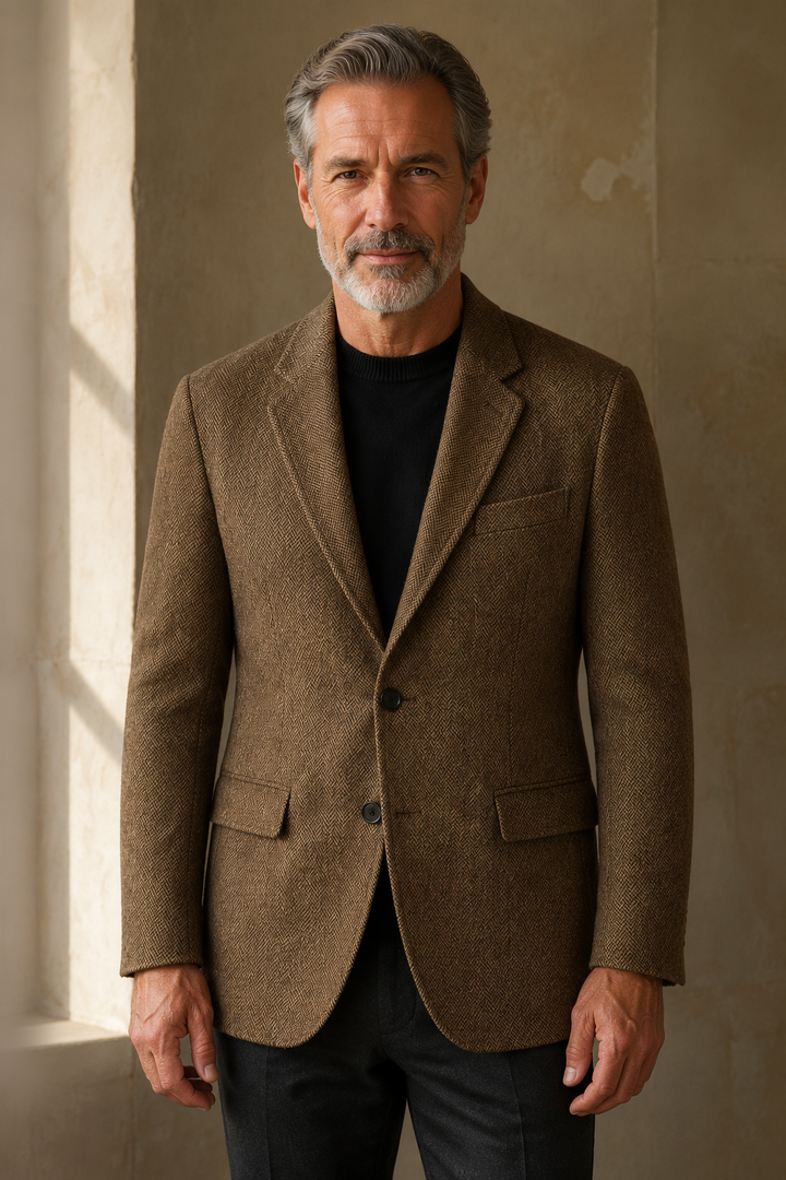 Brown herringbone tweed blazer hero, direct camera gaze