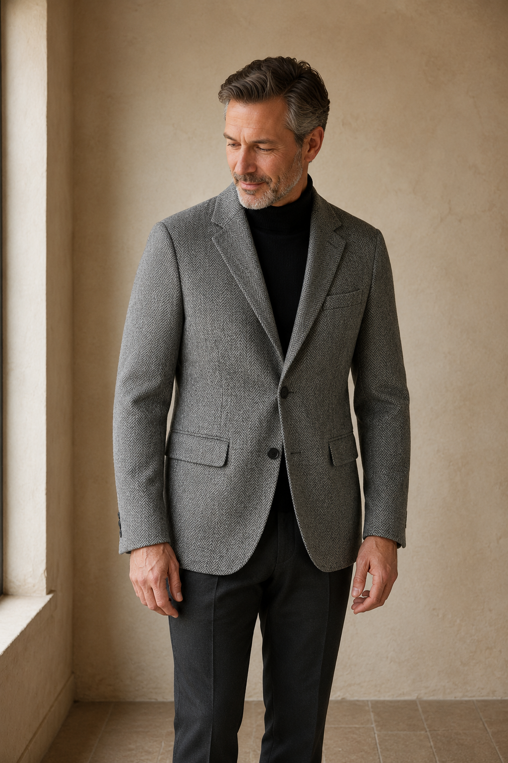 Gray herringbone tweed blazer color hero
