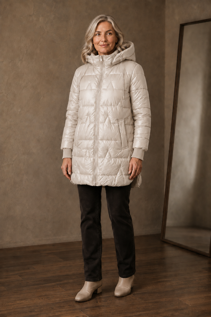 Josette | Longline Quilted Hooded Jacket - Beige