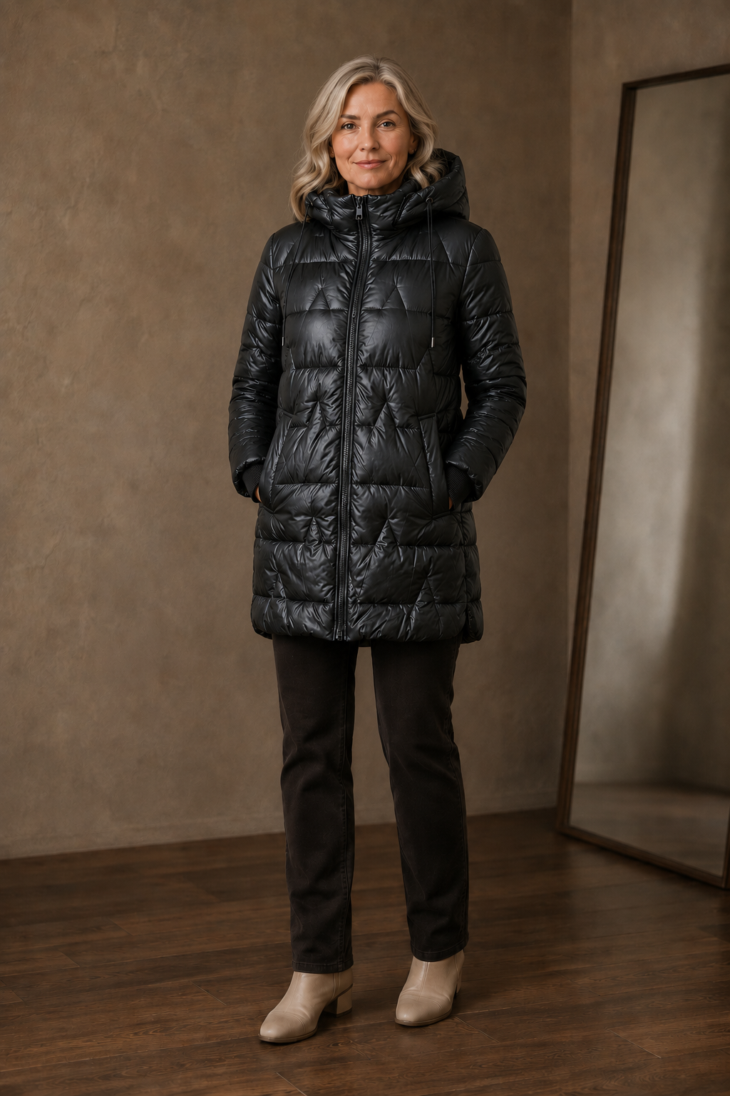 Josette | Longline Quilted Hooded Jacket - Black