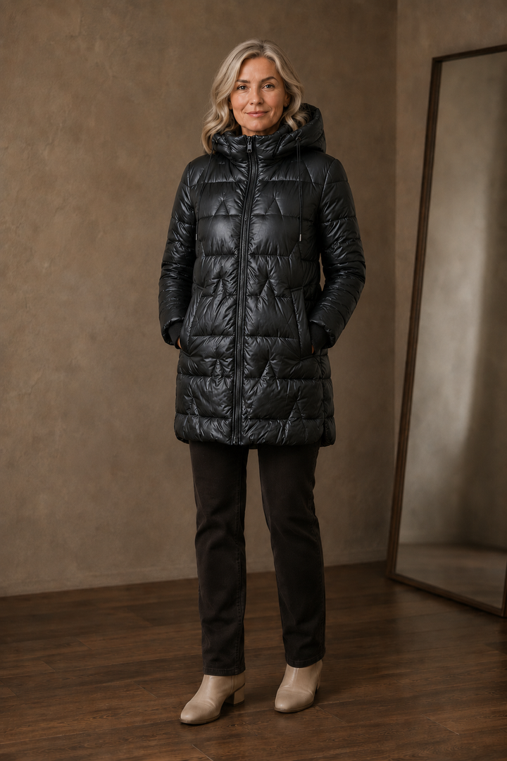 Josette | Longline Quilted Hooded Jacket - Black