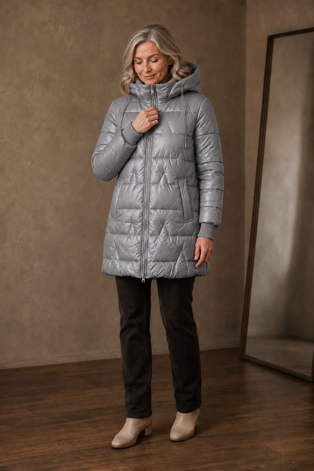 Josette | Longline Quilted Hooded Jacket - Grey