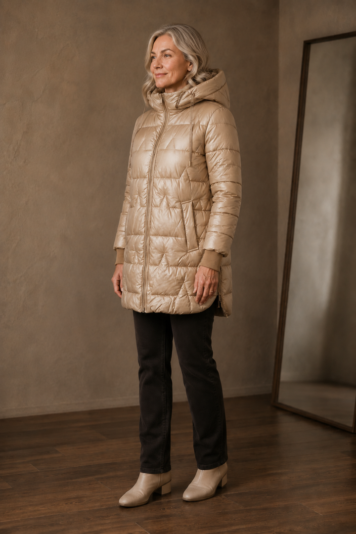 Josette | Longline Quilted Hooded Jacket - Coffee Brown