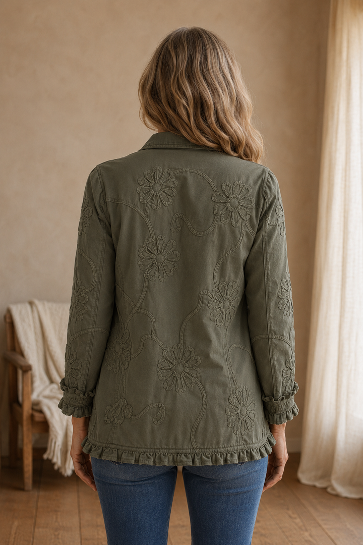 Kamberly | Boho-Chic Floral Embroidered Utility Ruffled Trim Jacket - Retro Green