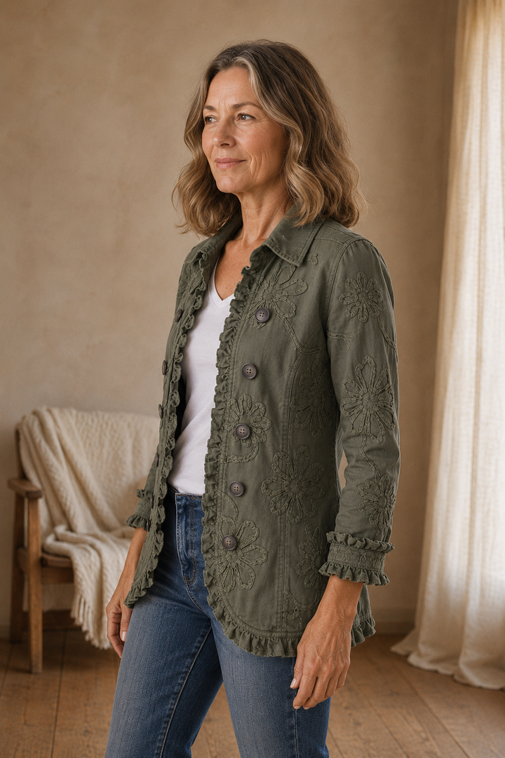Kamberly | Boho-Chic Floral Embroidered Utility Ruffled Trim Jacket - Retro Green