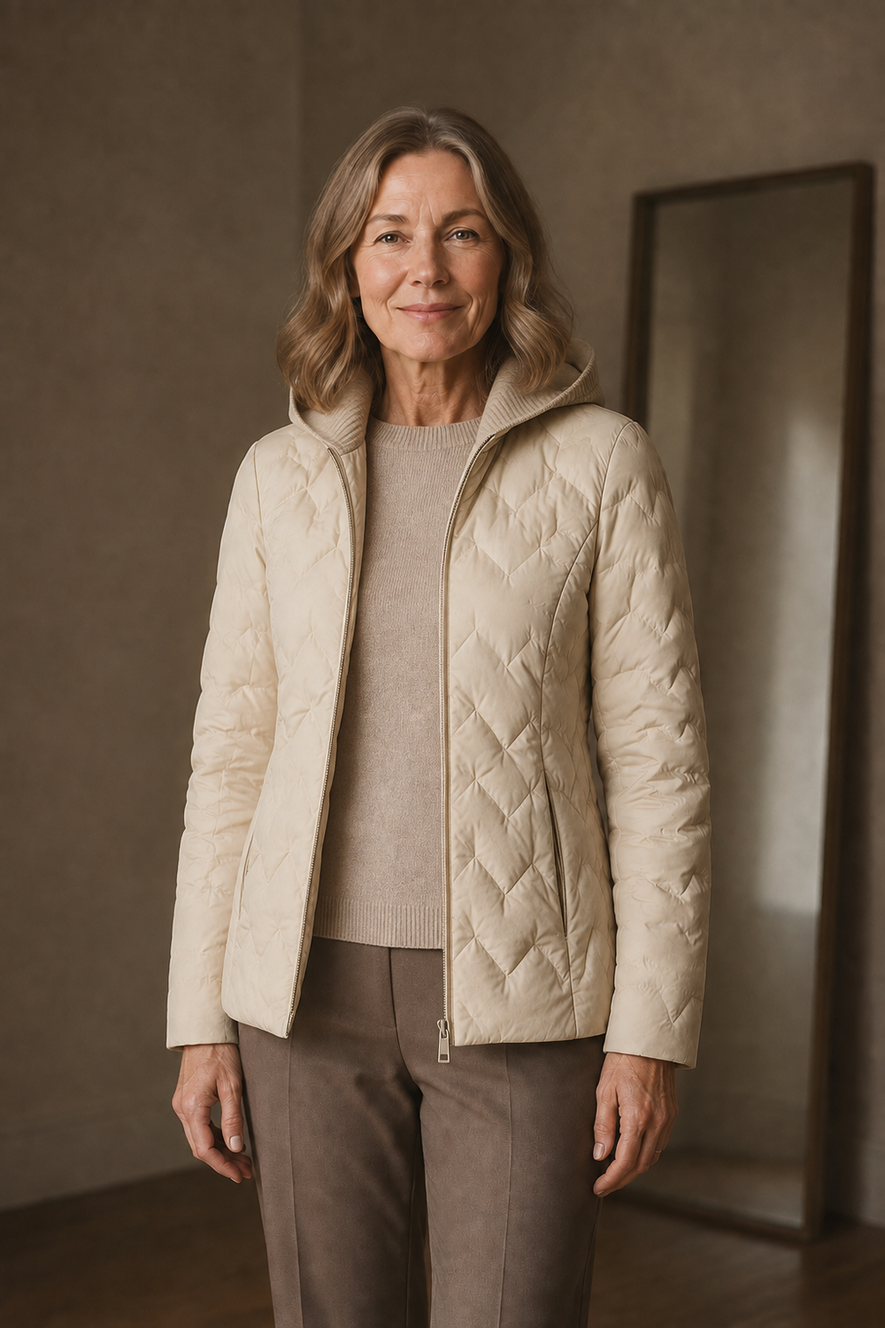 Knit hood quilted down jacket open