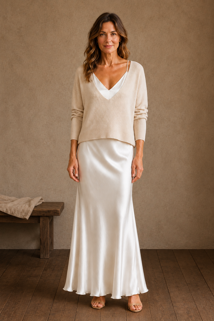 Knit Top And Satin Skirt Set editorial product photo