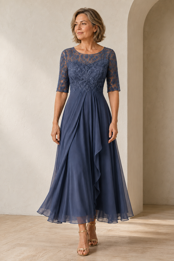 Full-length editorial image of Lace Bodice Tiered Midi Dress
