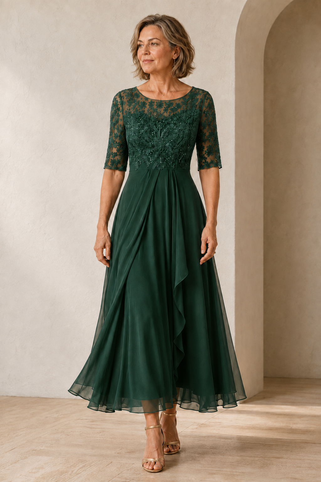 Lace Bodice Tiered Midi Dress - Green