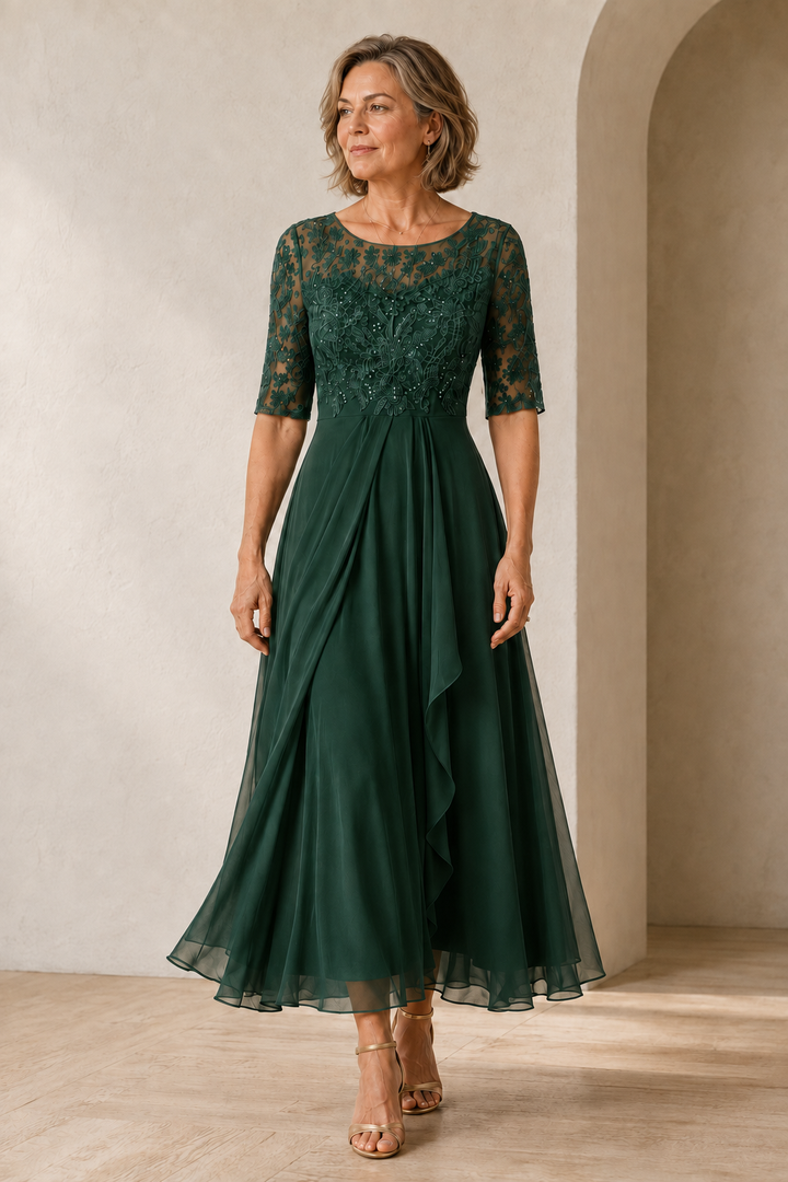 Lace Bodice Tiered Midi Dress - Green