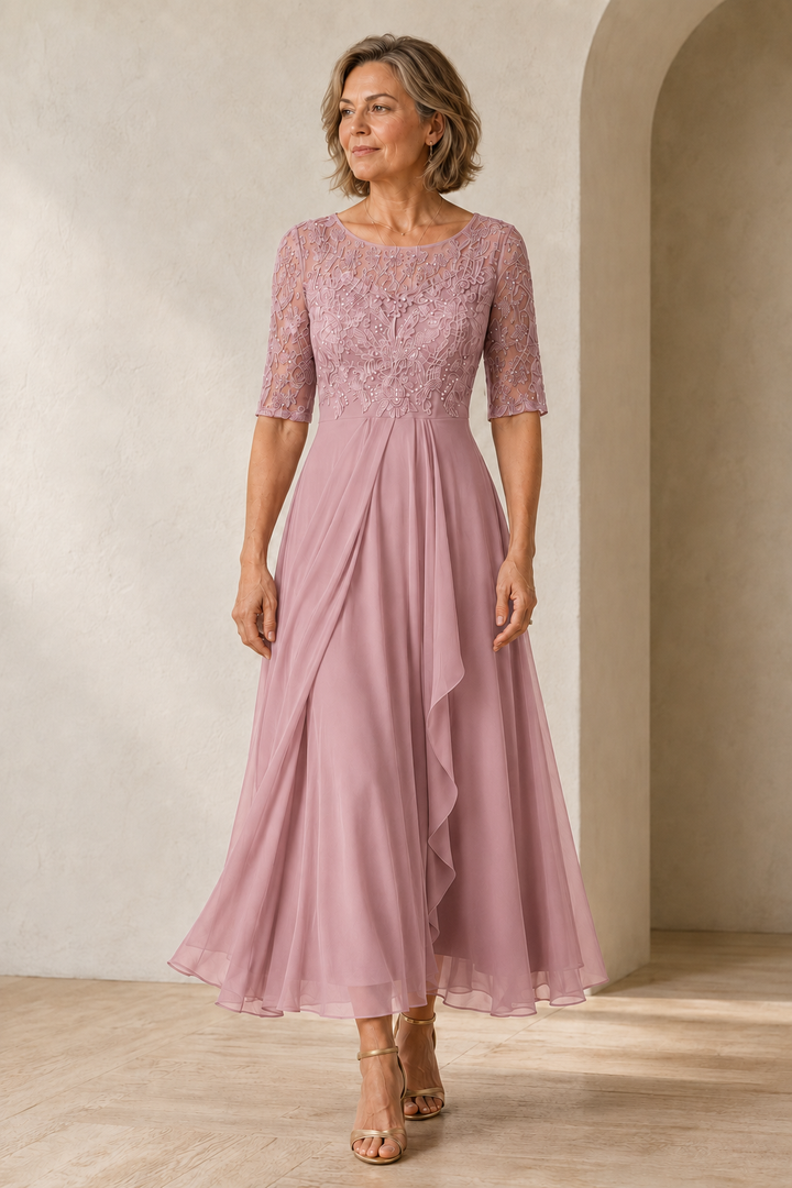 Lace Bodice Tiered Midi Dress - Pink