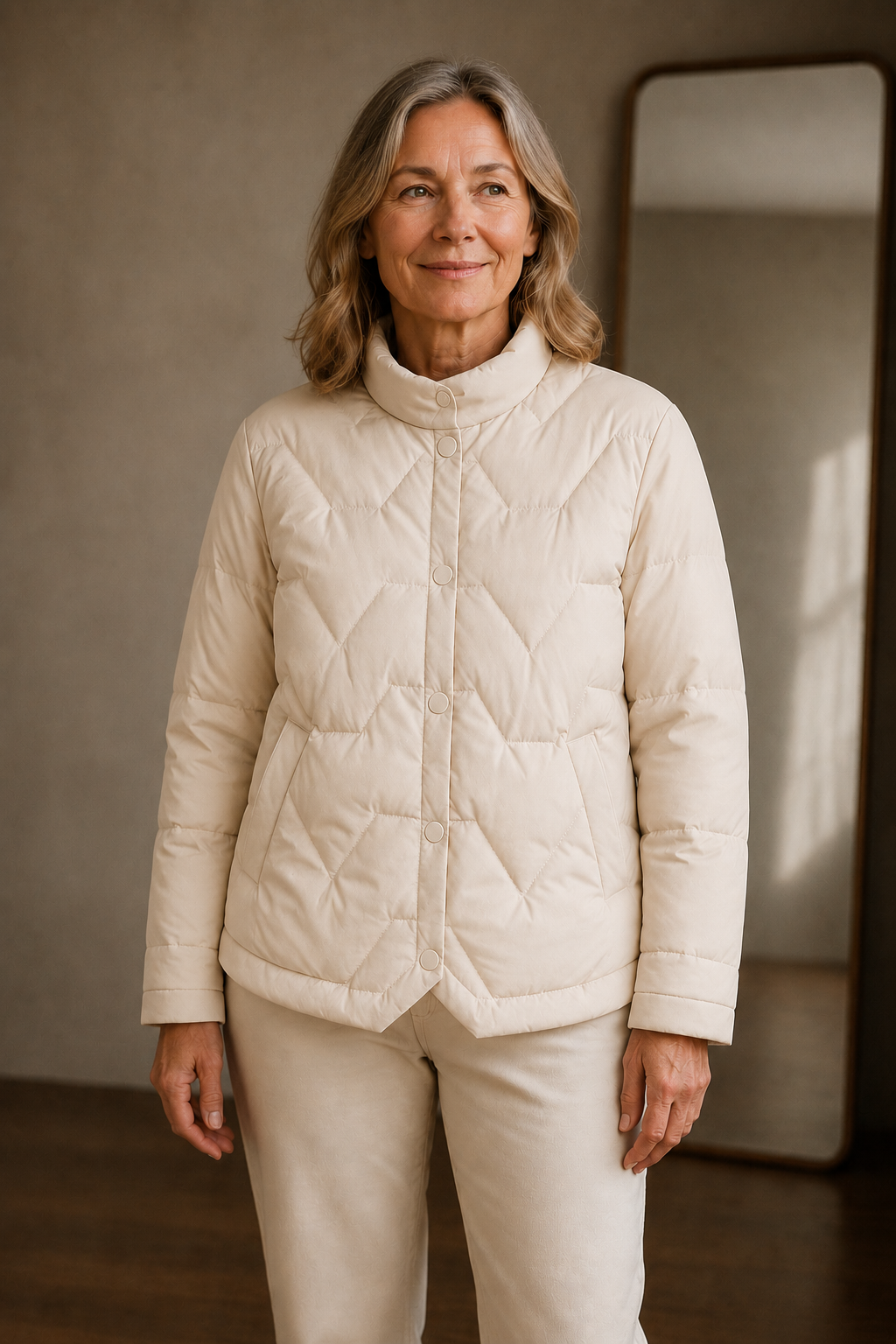 Leontine | Chevron Quilted Down Jacket - Ivory