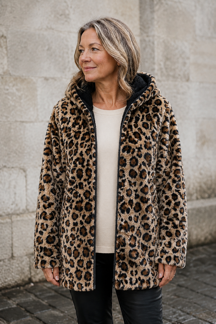 Elegante hoodie voor dames met lange mouwen en luipaardprint - herfst/wintercollectie open