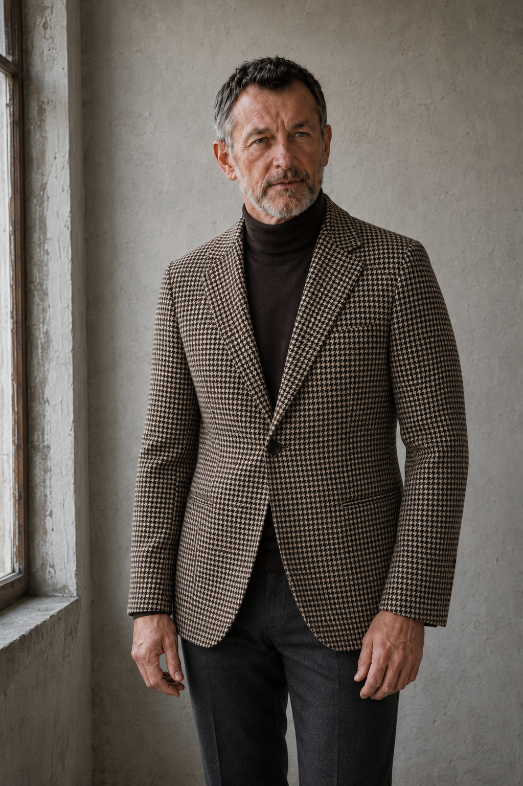 Wool tweed houndstooth blazer torso view with natural hands