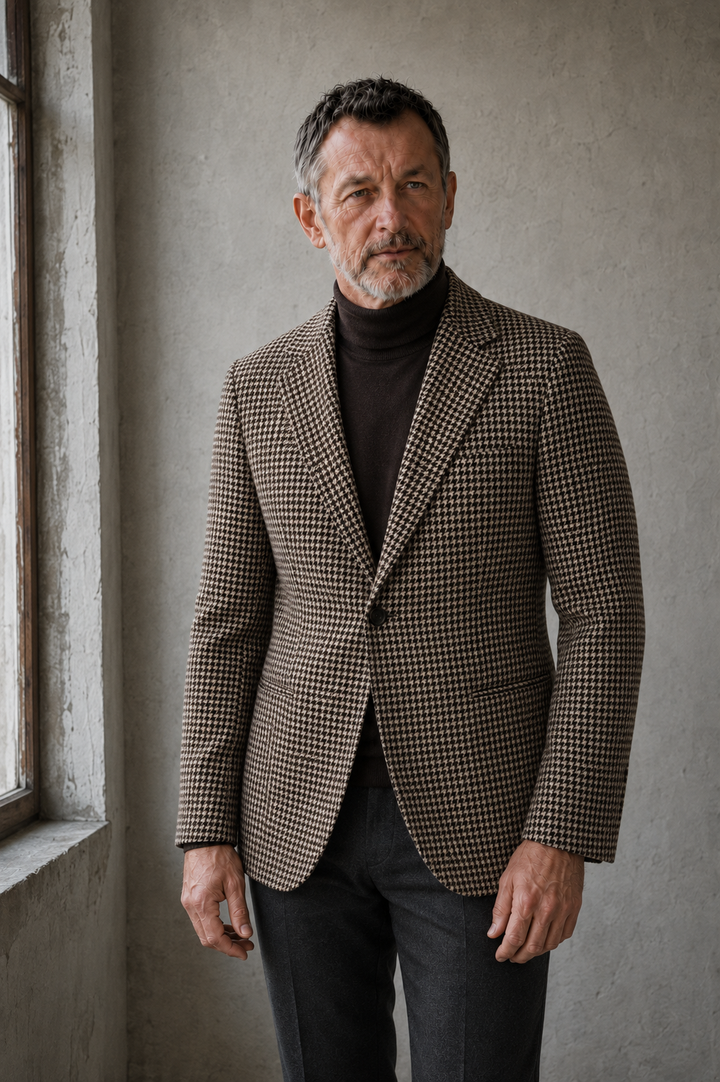 Wool tweed houndstooth blazer torso view with natural hands