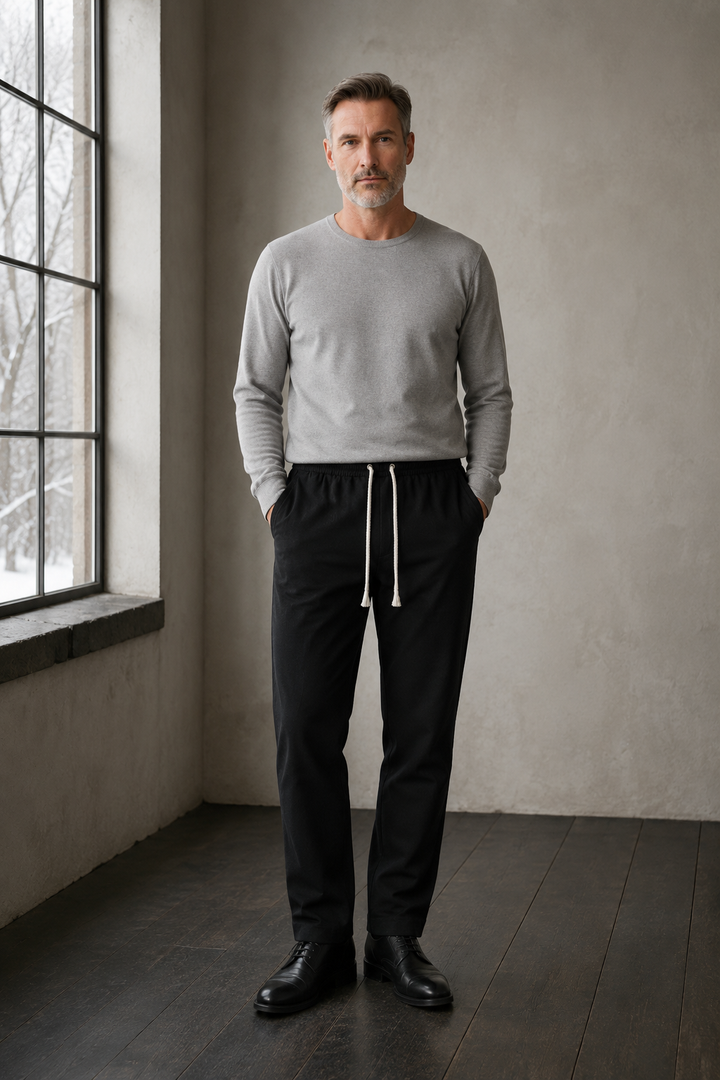 Linen Blend Drawstring Trousers - black front hero