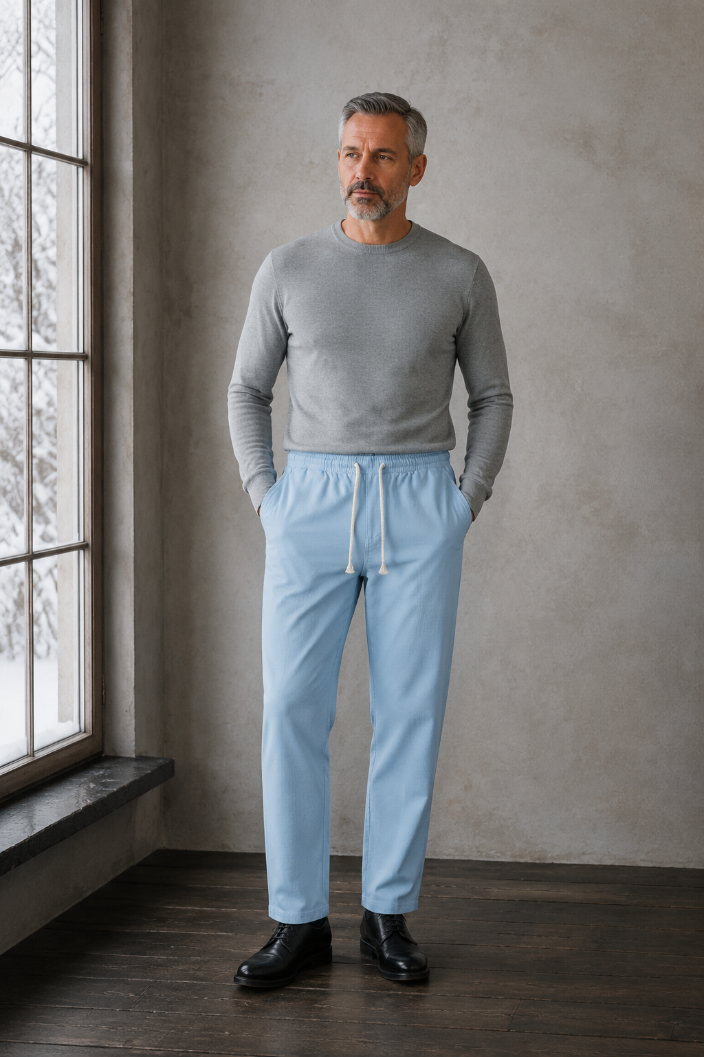 Linen Blend Drawstring Trousers - blue hero