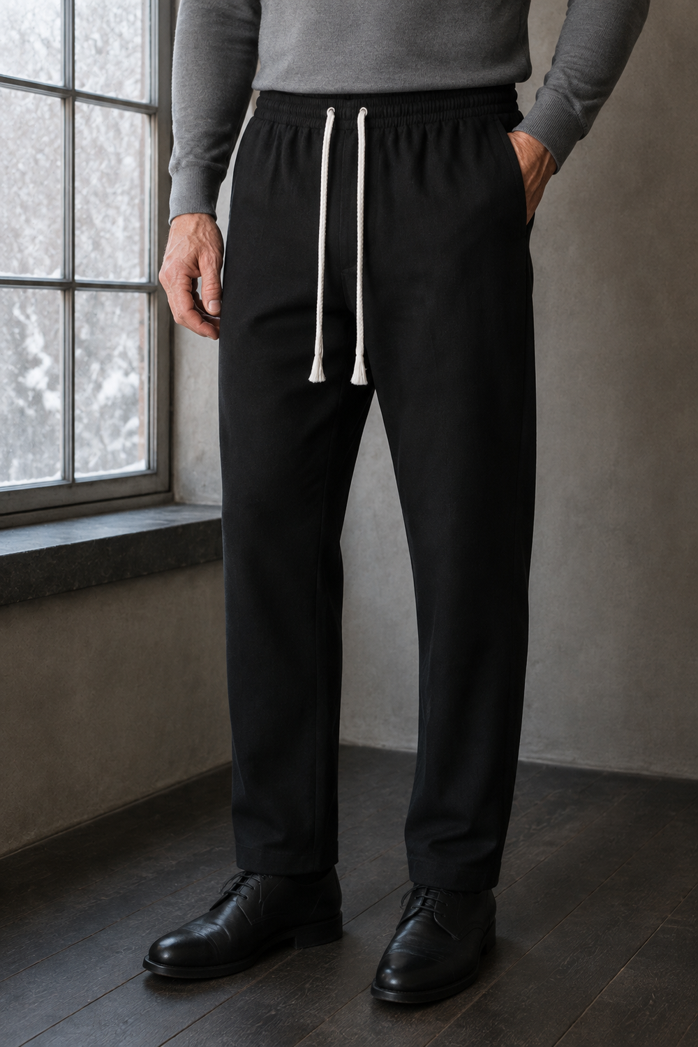 Linen Blend Drawstring Trousers - black waist to hem