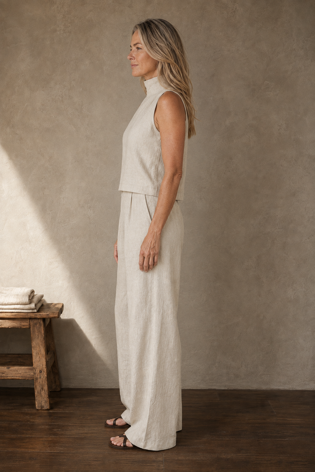 Linen Blend Mock Neck Trouser Set side view