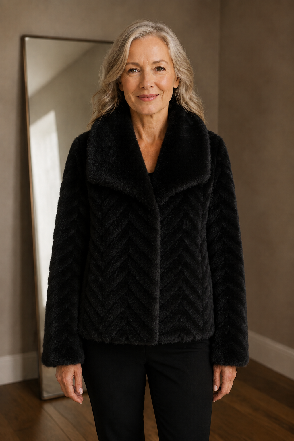 Lise | Chevron Faux Fur Cropped Jacket - Black
