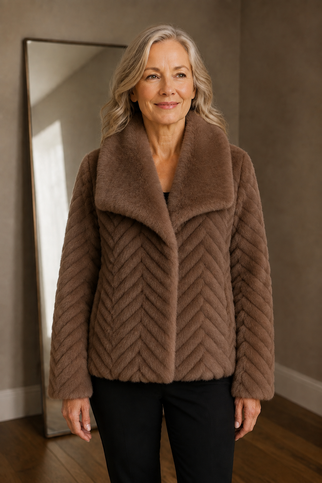 Lise | Chevron Faux Fur Cropped Jacket - Brown