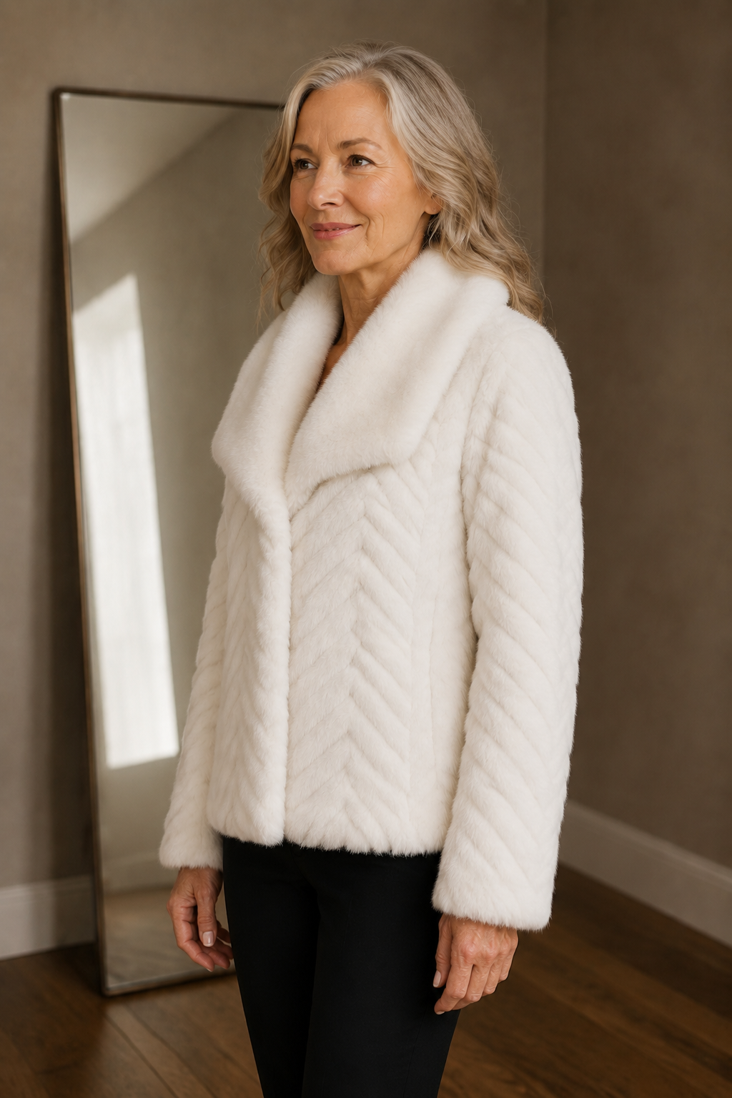 Lise | Chevron Faux Fur Cropped Jacket - White