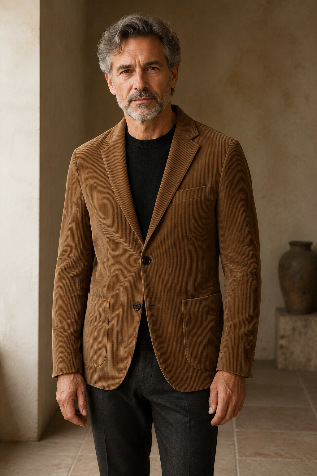 Brown corduroy blazer hero, direct camera gaze