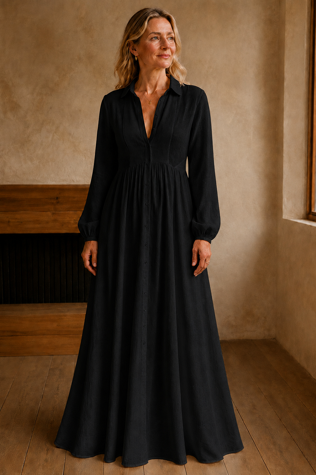Long Sleeve Button Front Maxi Dress - Black
