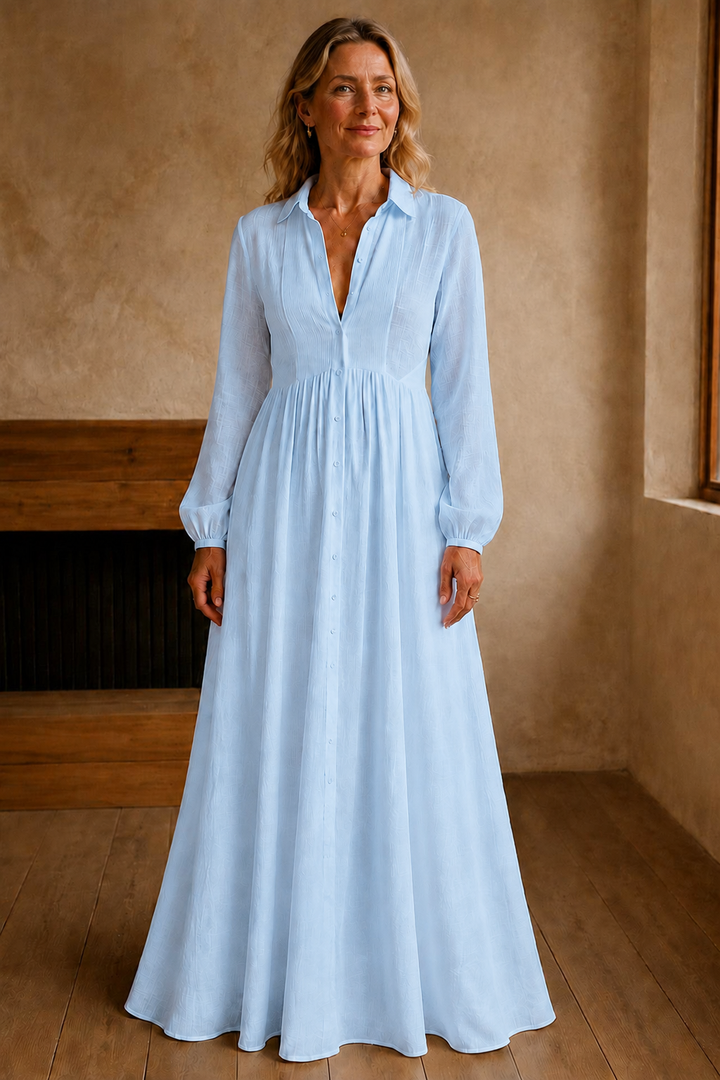 Long Sleeve Button Front Maxi Dress - Blue