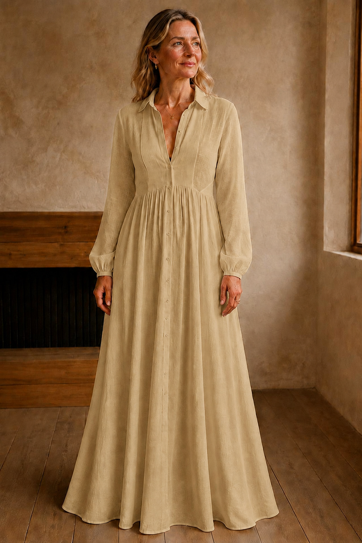 Long Sleeve Button Front Maxi Dress - Brown