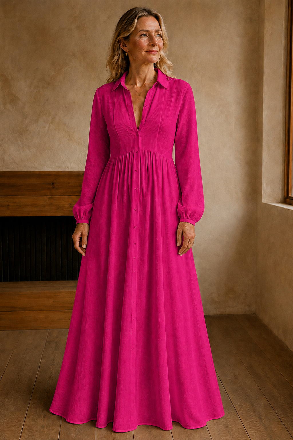 Long Sleeve Button Front Maxi Dress - Dark Pink