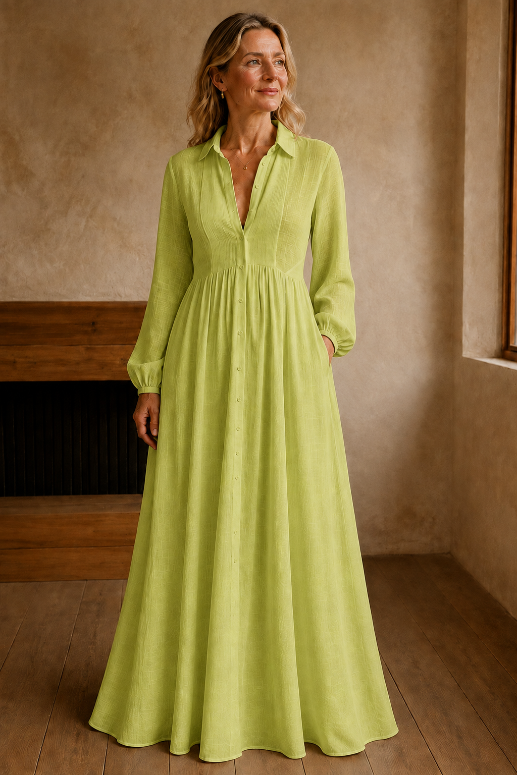 Long Sleeve Button Front Maxi Dress - Green
