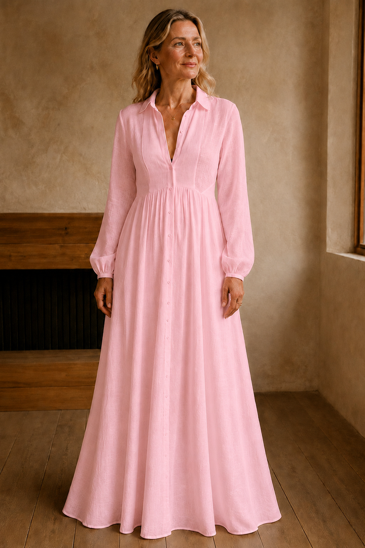 Long Sleeve Button Front Maxi Dress - Light Pink