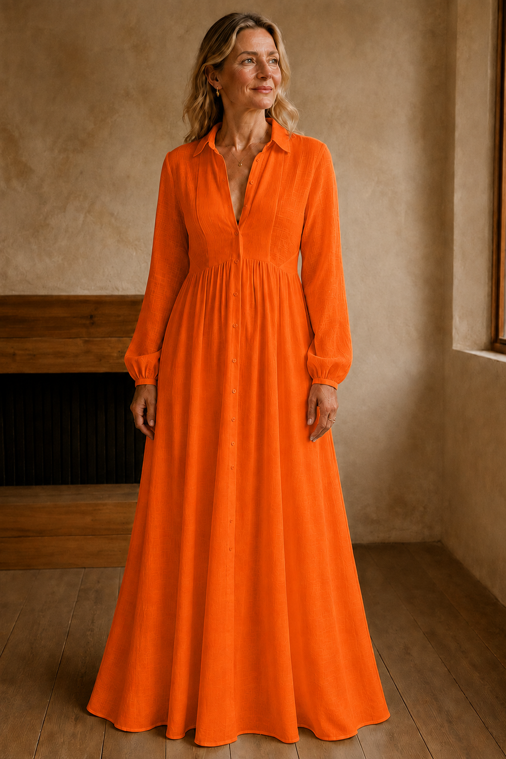 Long Sleeve Button Front Maxi Dress - Orange